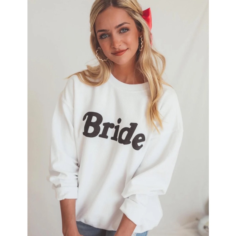 Chicka-d Women White Ribbed Bride Graphic Sweatshirt Friday Saturday Medium